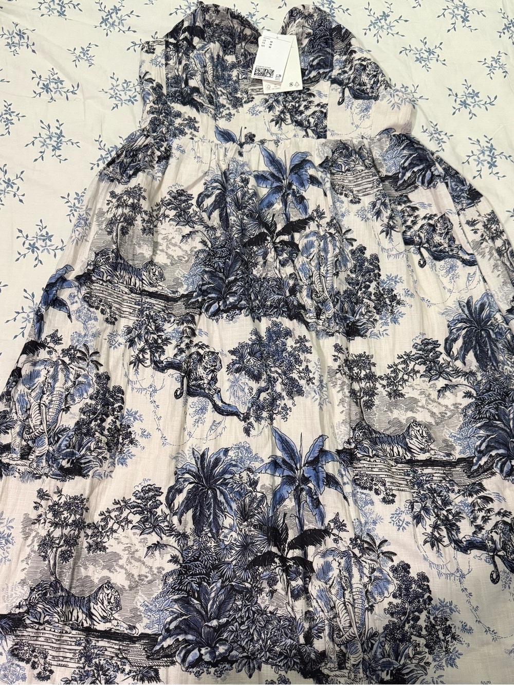H&M Cream and Navy Scenic Toile Maxi Dress